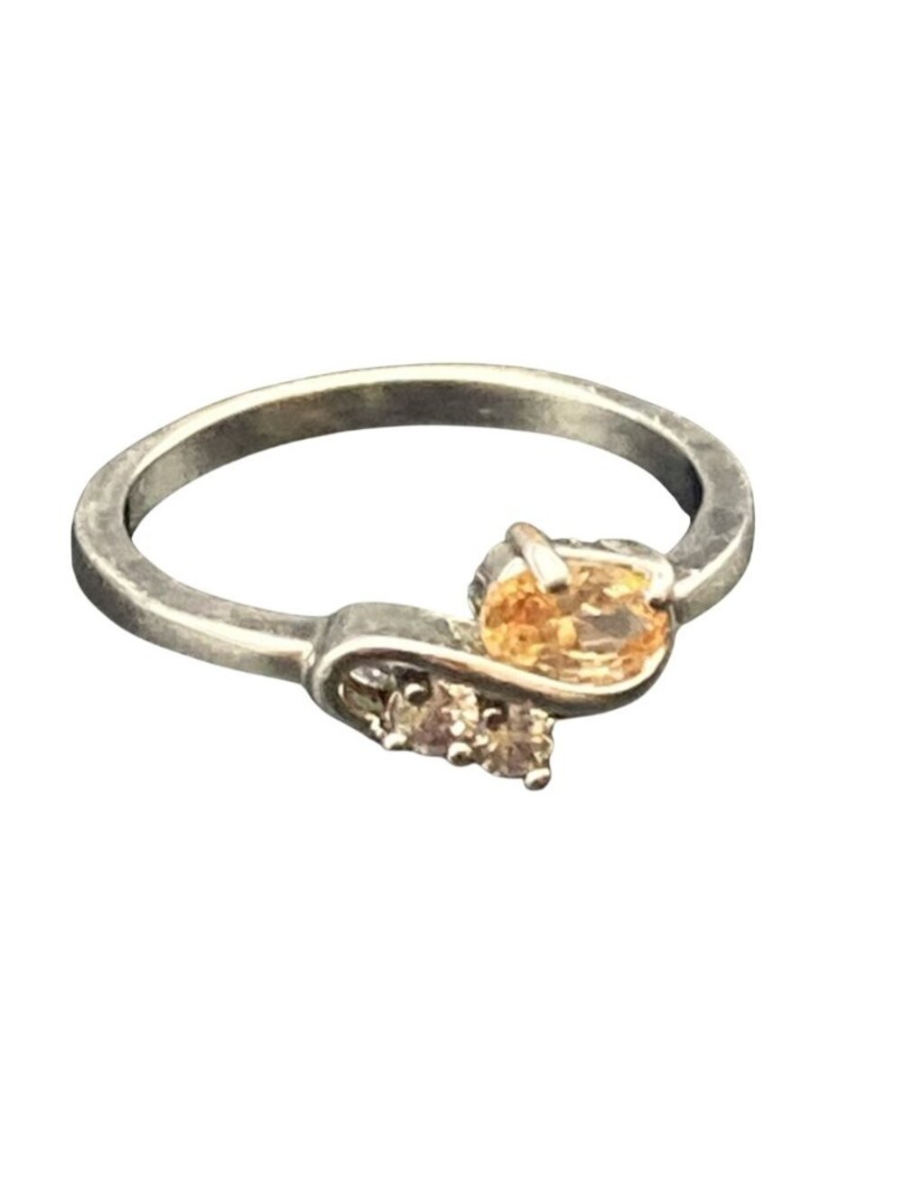 Rhodium Plated CZ Bypass Ring Silver Tone Champagne Clear CZ Dainty Promise Sz 8
